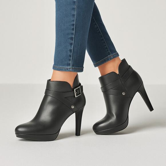 ADRIENNE VITTADINI Leather 9M Sexy Buckle Ankle Boots Black 4" Heel Zipper - Picture 1 of 8